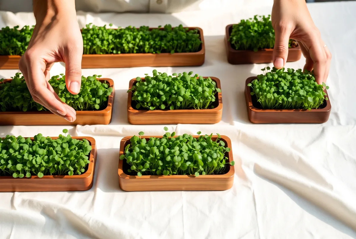 Hands tending wooden trays of fresh microgreens